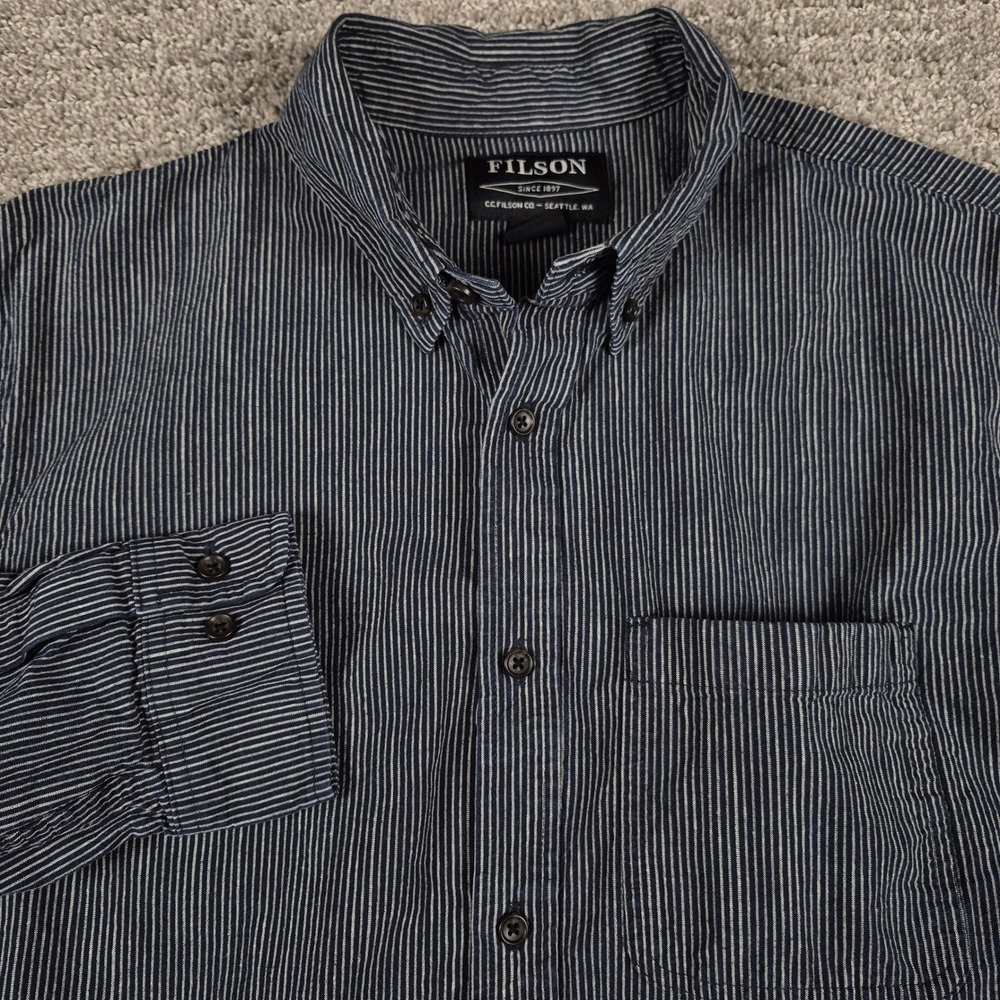 Fislon Shirt Mens L Chambray Button-down Shirt Navy Hickory Stripe Indigo